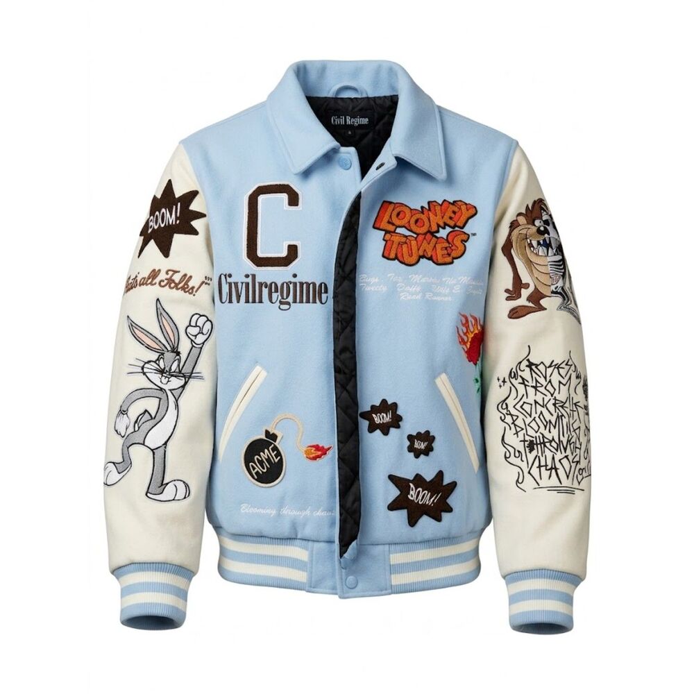 Civil Regime Looney Tunes Varsity Jacket Light Blue White Patches Men's M NWT